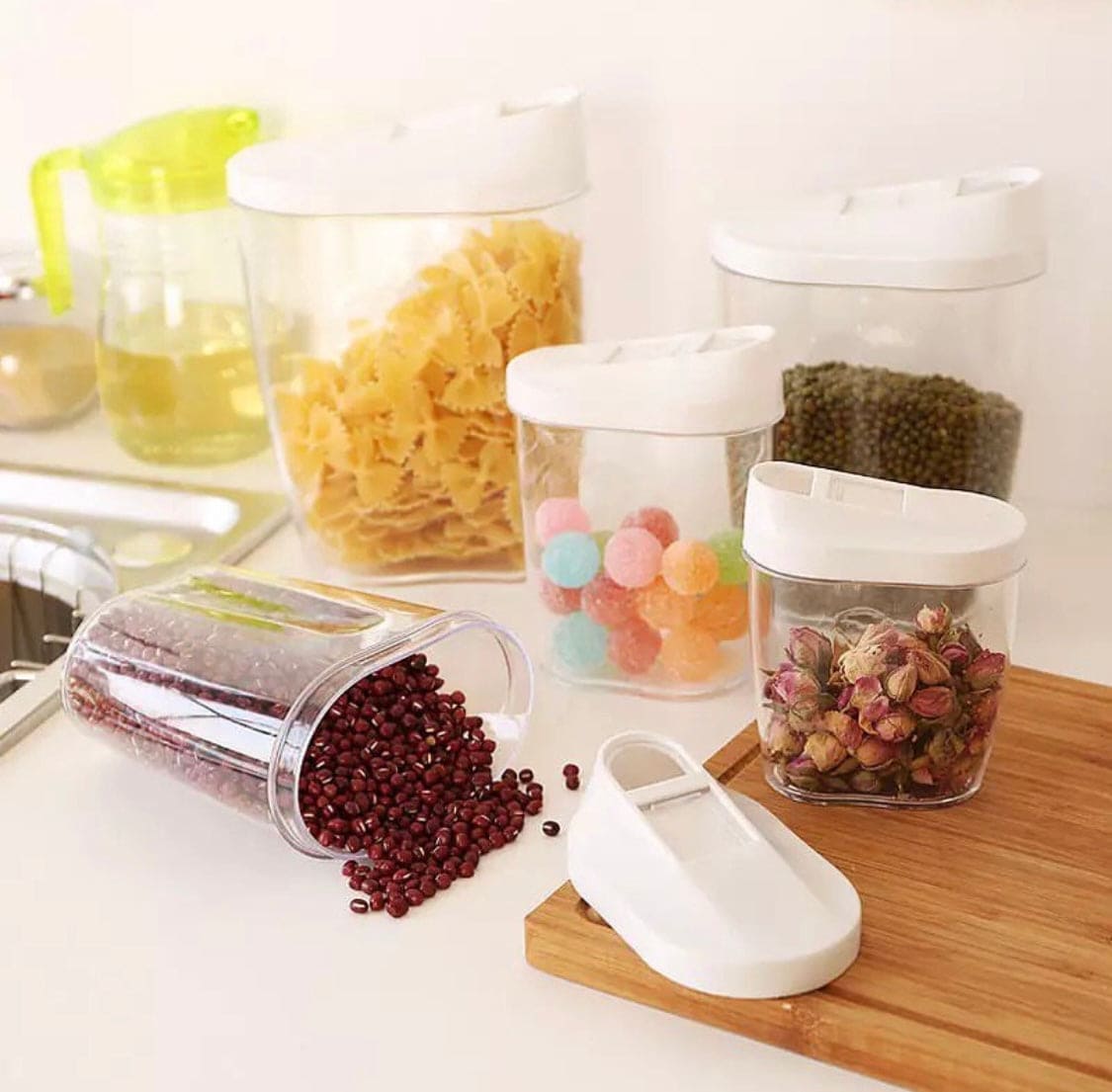 Set Of 5 Food Grade Plastic Food Sealed Cans, Cereal Containers Storage Set, Transparent Food Stuff Canister Keep Fresh Jar Set