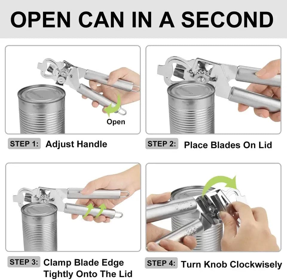 3 In 1 Manual Can Opener, Stainless Steel Heavy Duty Can Opener, Multifunctional Jar Opener, Portable Kitchen Tool, Professional Effortless Openers with Turn Knob Bar