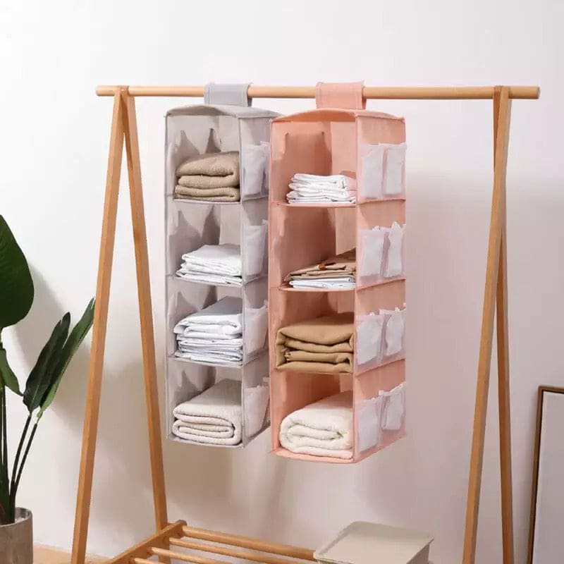 New Hanging Wardrobe, 4 Layer Foldable Closet Organizer, Multilayer Foldable Hanging Storage Rack, Tier Hanger Bag, Wardrobe Storage Holder, Dust-Proof Fabric Hanging Bag, Double Sided Storage Organizer With 8 Frosted Pocket