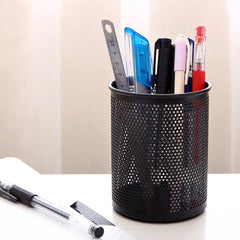 Metal Mesh Pen Holder, Round Pen Pencil Stationary Holder, Black Metal Stationary Organizer, Creative Metal Pen Holder, Pen Stand For Office Table, Sleek Black Stationary Cup