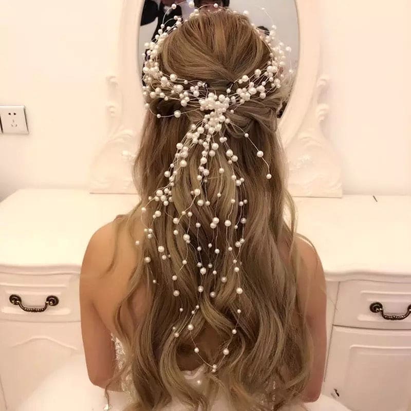 Pearl Hair Chain For Women, Girl Tassel  Flower Tiara Headband Ponytail, Bridal Wedding Tiaras Hand Beaded Long Wreaths Hair Bands, Headdress Mori Pearl Hair Band, Wedding Accessories