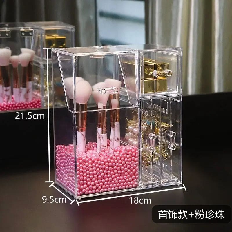 Pearl Acrylic Makeup Brushes Holder, Lipstick Nail Polish Jewelry Display Holder, Transparent Cosmetic Organizer Box, Clear Cosmetic Organizer With Lid Drawer, Multifunctional Makeup Brush Holder, Drawer Lipstick Makeup Brushes Holder
