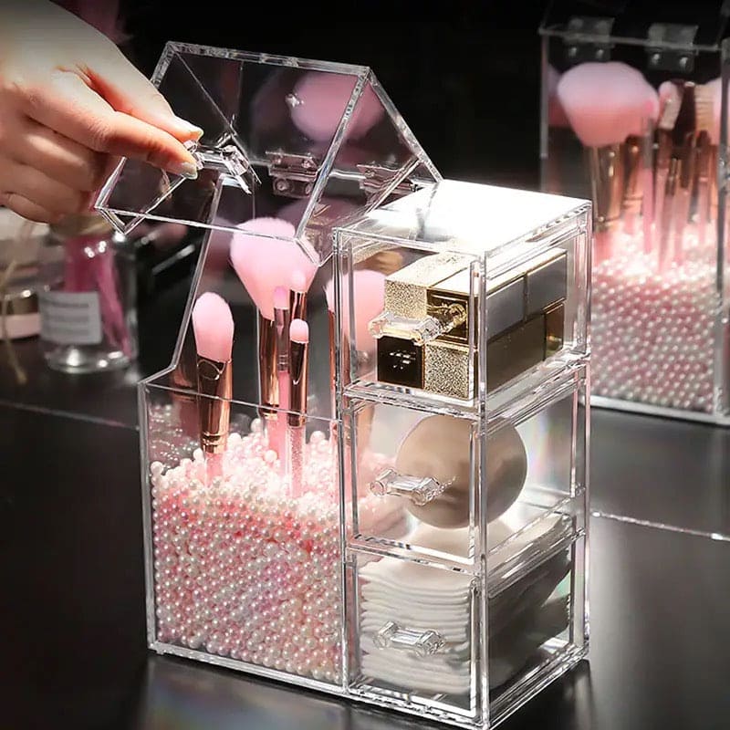 Pearl Acrylic Makeup Brushes Holder, Lipstick Nail Polish Jewelry Display Holder, Transparent Cosmetic Organizer Box, Clear Cosmetic Organizer With Lid Drawer, Multifunctional Makeup Brush Holder, Drawer Lipstick Makeup Brushes Holder