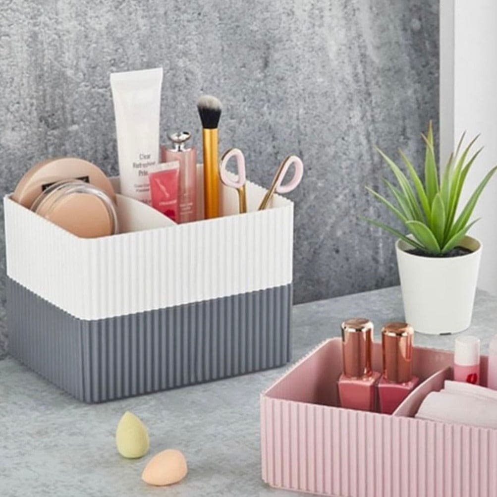 Multipurpose 2 Grid Plastic Makeup Storage Desktop Rack, Plastic Toiletries Storage Basket, Women Care Dressing Table Beauty Case