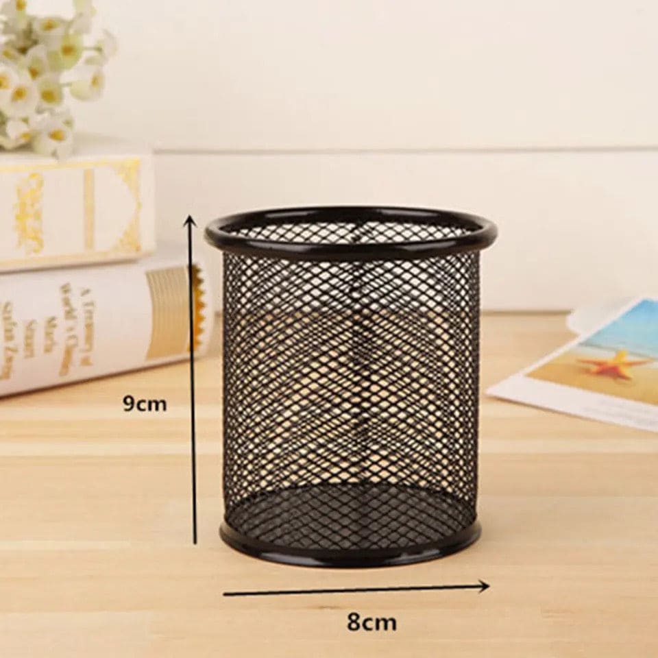 Metal Mesh Pen Holder, Round Pen Pencil Stationary Holder, Black Metal Stationary Organizer, Creative Metal Pen Holder, Pen Stand For Office Table, Sleek Black Stationary Cup