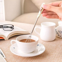 Mini Handle Egg Beater, Cute Cartoon Ceramic Handle Manual Beater, Hand Stirring Beaters, Multifunctional Cream Coffee Churn Baking Accessories Kitchen Tool, Stainless Steel Whisk, Mini Handle Stirrer Whisk