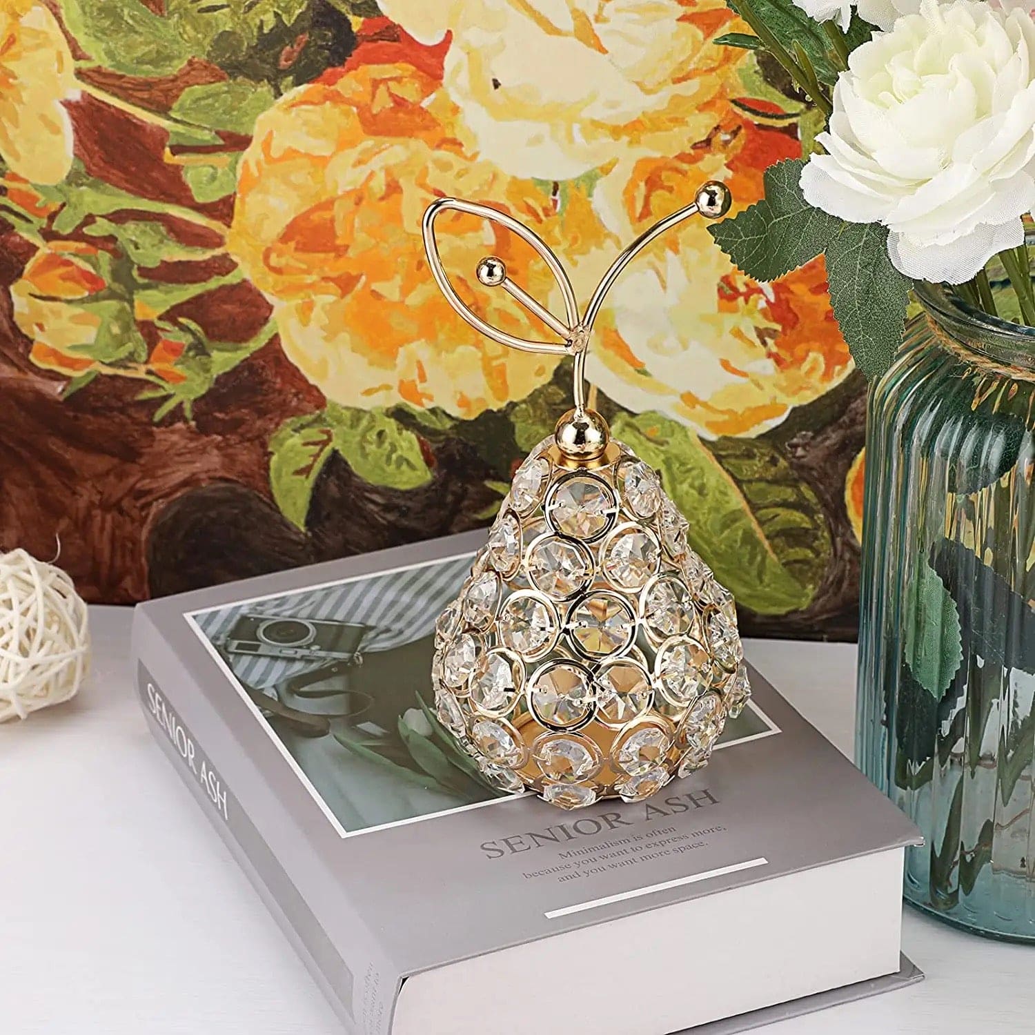 Metal Crystal Craft Fruit Ornament, Apple Pear Pineapple Living Room Decoration, Creative Luxury Home Decoration, Metal Hollow Decoration, Home Furnishings Ornaments, Crystal Desktop Ornament