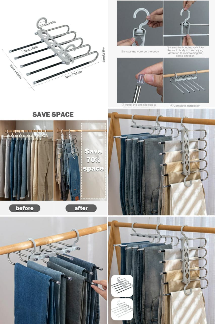 5 in 1 Pant Hanger For Clothes Organizer, Multifunction Shelves Closet Storage Organizer, Stainless Steel Magic Trouser Hangers, Multilayer Jeans Steel Hanger, Adjustable Pants Tie Storage Shelf, Stainless Steel Clothes Hanger