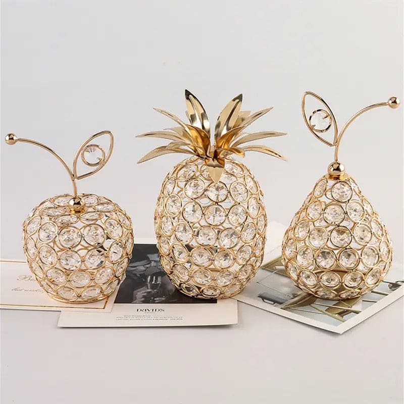 Metal Crystal Craft Fruit Ornament, Apple Pear Pineapple Living Room Decoration, Creative Luxury Home Decoration, Metal Hollow Decoration, Home Furnishings Ornaments, Crystal Desktop Ornament