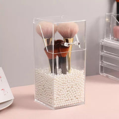 Pearl Cosmetic Brush Holder, Transparent Acrylic Cosmetic Brush Container, Brush Holder Cosmetic Brush Container Dustproof Beauty Makeup Tools Organizer, Cosmetics Brush Storage Box with Lid