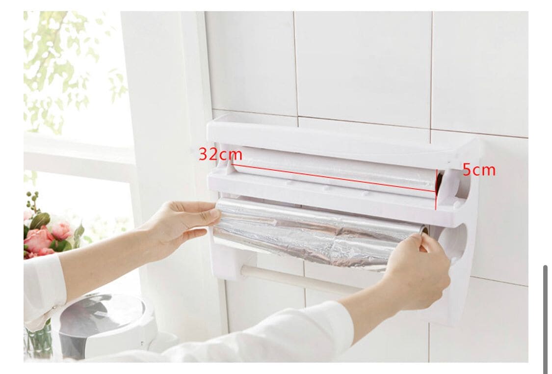 3 In 1 Multifunctional Kitchen Roll Holder, Cling Film Wall Mounted Paper Holder Shelf, Triple Food Wrap Dispenser, Kitchen Roll Holder With Spice Rack and Slide Cutter, Multifunctional Cling Film Cutter
