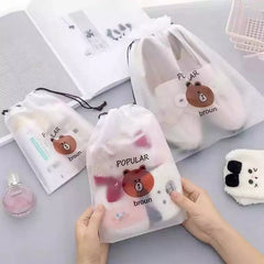 Set Of 4 Portable Waterproof Cute Bear Print Drawstring, Waterproof Travel Luggage Bag, Home Clothes Storage Bag, Shoes Organizer Pouch, Portable Cartoon Drawstring Shoe Storage, Waterproof Cosmetic Storage Bag, Transparent Clothing Drawstring Pocket