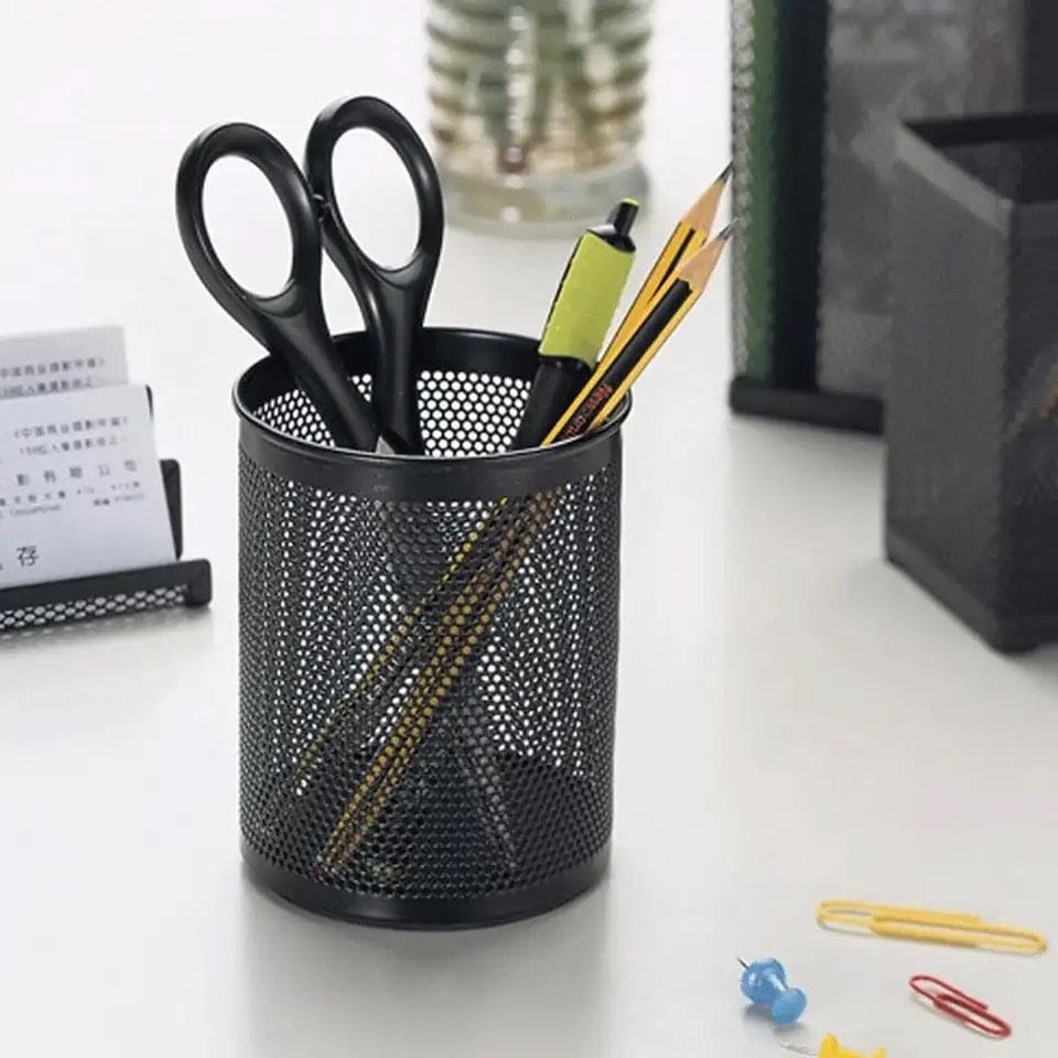 Metal Mesh Pen Holder, Round Pen Pencil Stationary Holder, Black Metal Stationary Organizer, Creative Metal Pen Holder, Pen Stand For Office Table, Sleek Black Stationary Cup