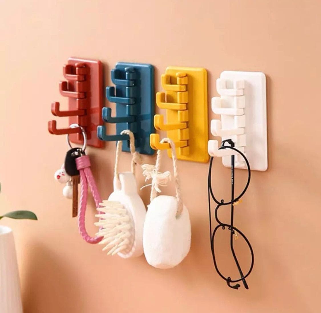 ABS Wall Hooks Storage Rack, Seamless Rotatable Strong Hook, Rotatable 4-Hook Key Hook Wall Self Adhesive Key Wall Hanger