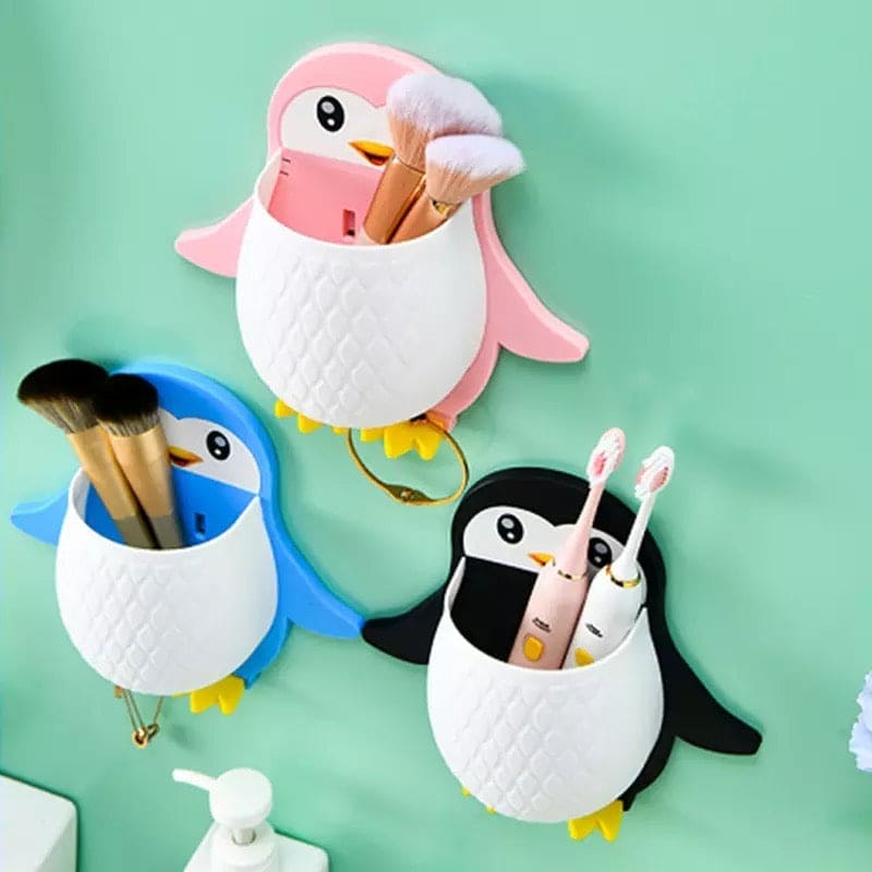 Cartoon Penguin Storage Holder, Cartoon Penguin Corn Storage Holder Wall Mount Toothbrush Organizer, Home Bedroom Kitchen Bathroom Multifunctional Holders