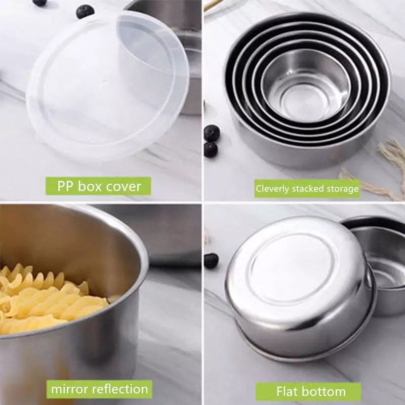 Set Of 5 Stainless Steel Vessel With Lids, Mixing Crisper Food Container Bowls, Chef Buddy Stainless Steel Bowl Set, Classic Cuisine Metal Fresh Keeping Bowls