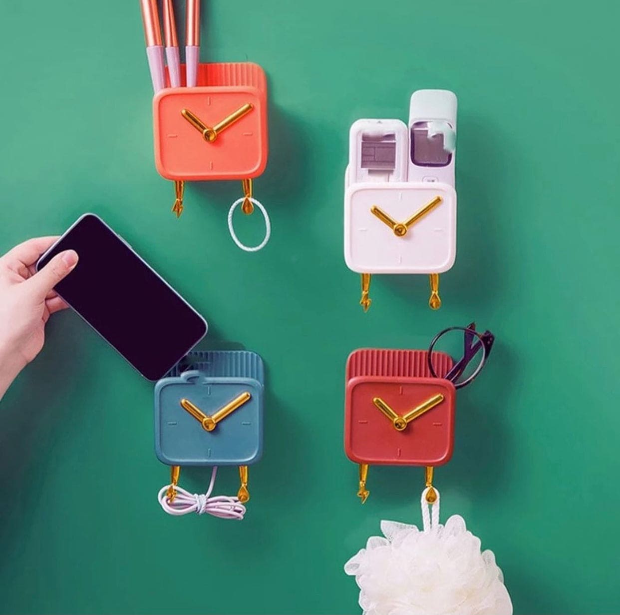 Clock Shaped Wall Mounted Phone Holder, Self Adhesive Phone Charge Holder Storage Box, Dormitory Student Bedside Shelf Mobile Phone Storage Rack