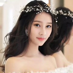 Pearl Hair Chain For Women, Girl Tassel  Flower Tiara Headband Ponytail, Bridal Wedding Tiaras Hand Beaded Long Wreaths Hair Bands, Headdress Mori Pearl Hair Band, Wedding Accessories