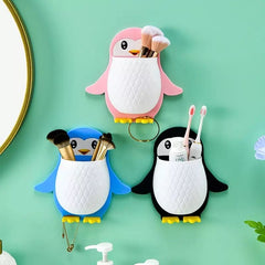 Cartoon Penguin Storage Holder, Cartoon Penguin Corn Storage Holder Wall Mount Toothbrush Organizer, Home Bedroom Kitchen Bathroom Multifunctional Holders