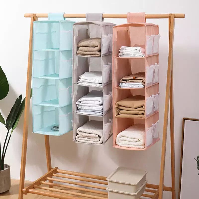New Hanging Wardrobe, 4 Layer Foldable Closet Organizer, Multilayer Foldable Hanging Storage Rack, Tier Hanger Bag, Wardrobe Storage Holder, Dust-Proof Fabric Hanging Bag, Double Sided Storage Organizer With 8 Frosted Pocket