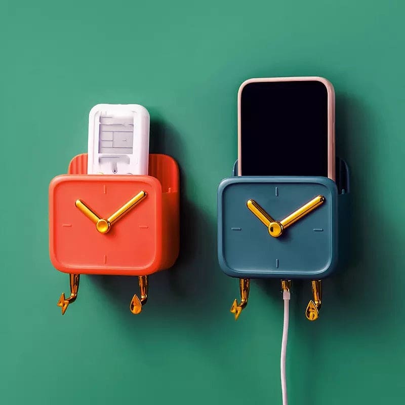 Clock Shaped Wall Mounted Phone Holder, Self Adhesive Phone Charge Holder Storage Box, Dormitory Student Bedside Shelf Mobile Phone Storage Rack