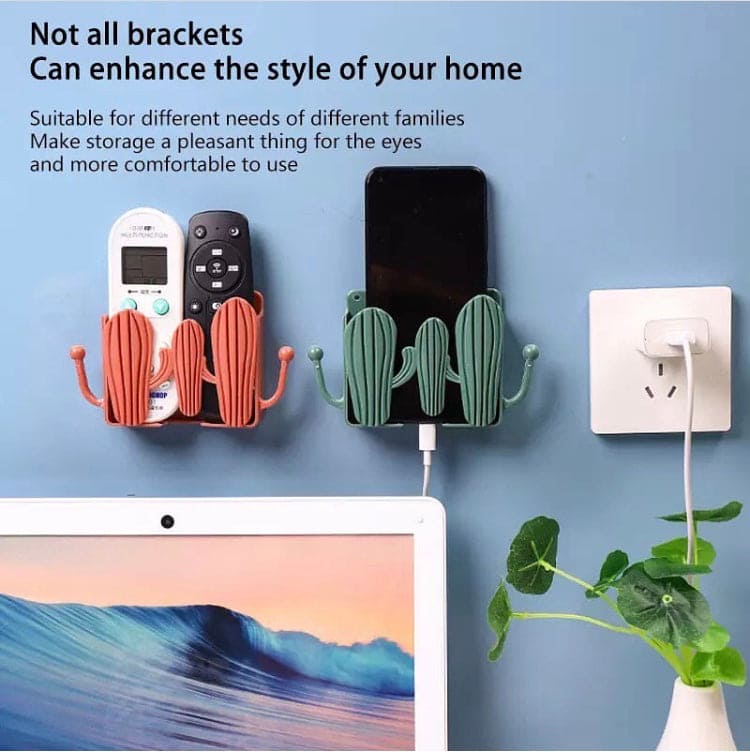 Wall Mounted Self Adhesive Cactus Shaped Charger Phone Bracket Holder, Wall Mounted Remote Control Storage Box, Mobile Phone Charging Stand
