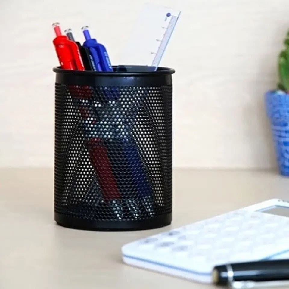Metal Mesh Pen Holder, Round Pen Pencil Stationary Holder, Black Metal Stationary Organizer, Creative Metal Pen Holder, Pen Stand For Office Table, Sleek Black Stationary Cup