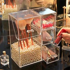 Pearl Acrylic Makeup Brushes Holder, Lipstick Nail Polish Jewelry Display Holder, Transparent Cosmetic Organizer Box, Clear Cosmetic Organizer With Lid Drawer, Multifunctional Makeup Brush Holder, Drawer Lipstick Makeup Brushes Holder