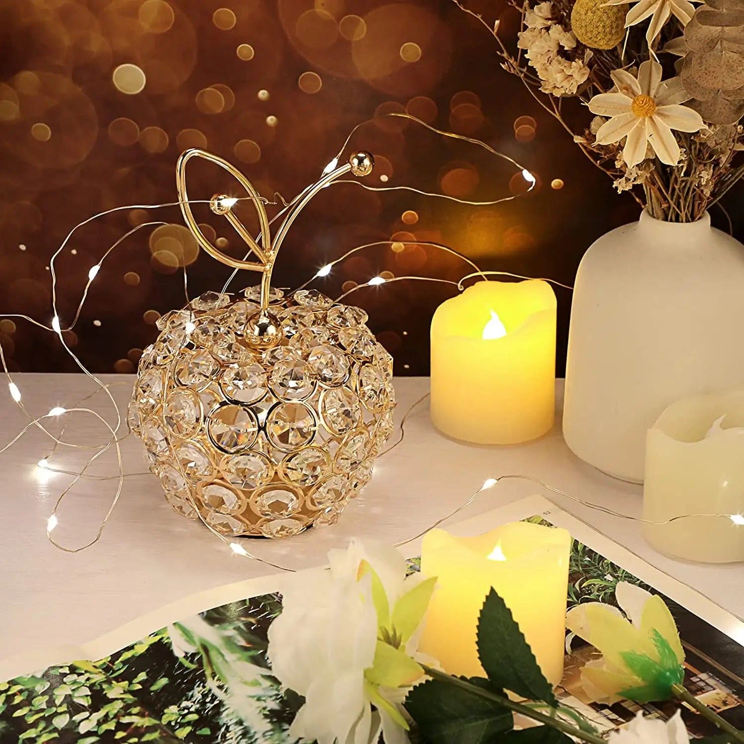 Metal Crystal Craft Fruit Ornament, Apple Pear Pineapple Living Room Decoration, Creative Luxury Home Decoration, Metal Hollow Decoration, Home Furnishings Ornaments, Crystal Desktop Ornament