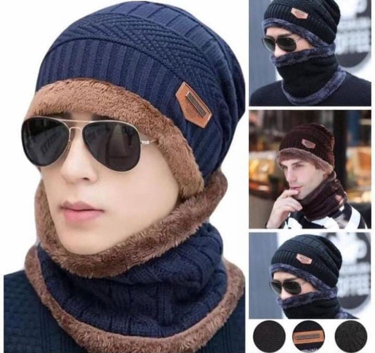 New Beanie Hat, Skin Cap & Scarf Set, New Coral Fleece Scarf, Men Wool Scarf Caps, Winter Beanies for Men