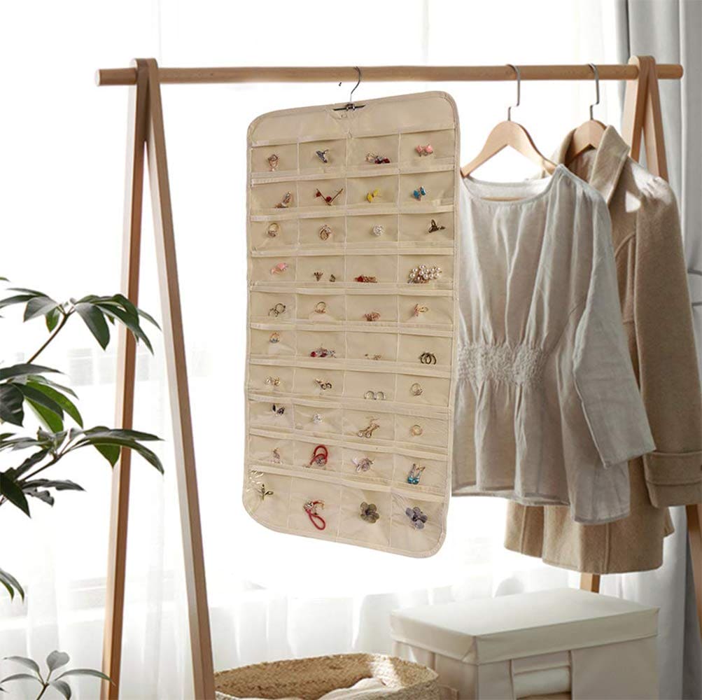 72 Pocket Hanging Organizer, Double Sided Hanging Display Storage Bag, Transparent Window Jewelry Bag, Dust-proof Foldable Bag, Multifunction Wardrobe Storage Holder Bag with Hook, Dual Sided Jewellery Carrier