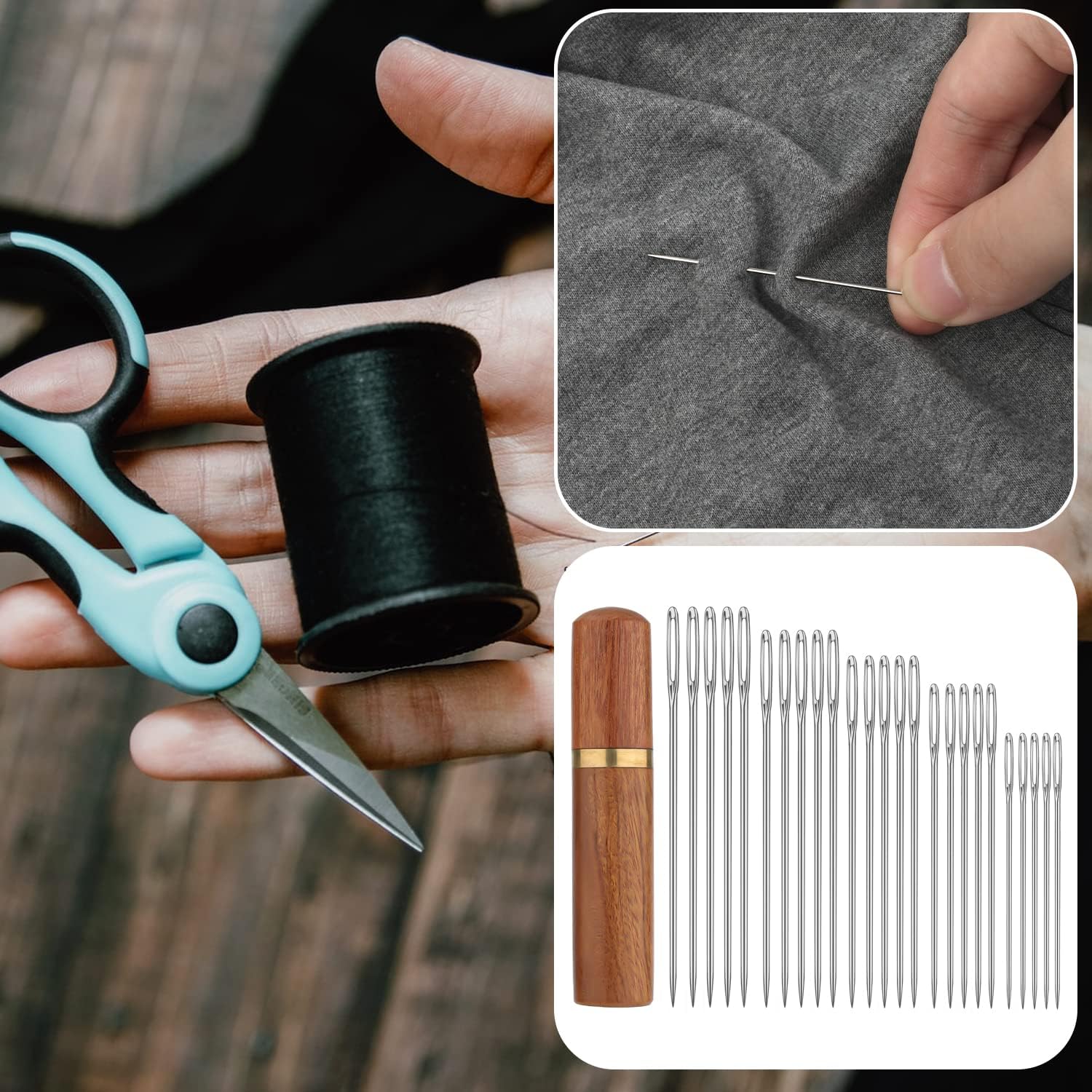 Wooden Needle Case, 30 Pcs Side Hole Blind Sewing Needles, Stainless Steel Elderly Self Threading Needles, Household DIY Beading Threading Needle, Sewing Embroidery Needle Accessories