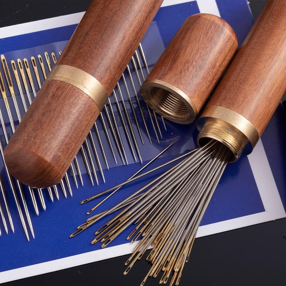 Wooden Needle Case, 30 Pcs Side Hole Blind Sewing Needles, Stainless Steel Elderly Self Threading Needles, Household DIY Beading Threading Needle, Sewing Embroidery Needle Accessories