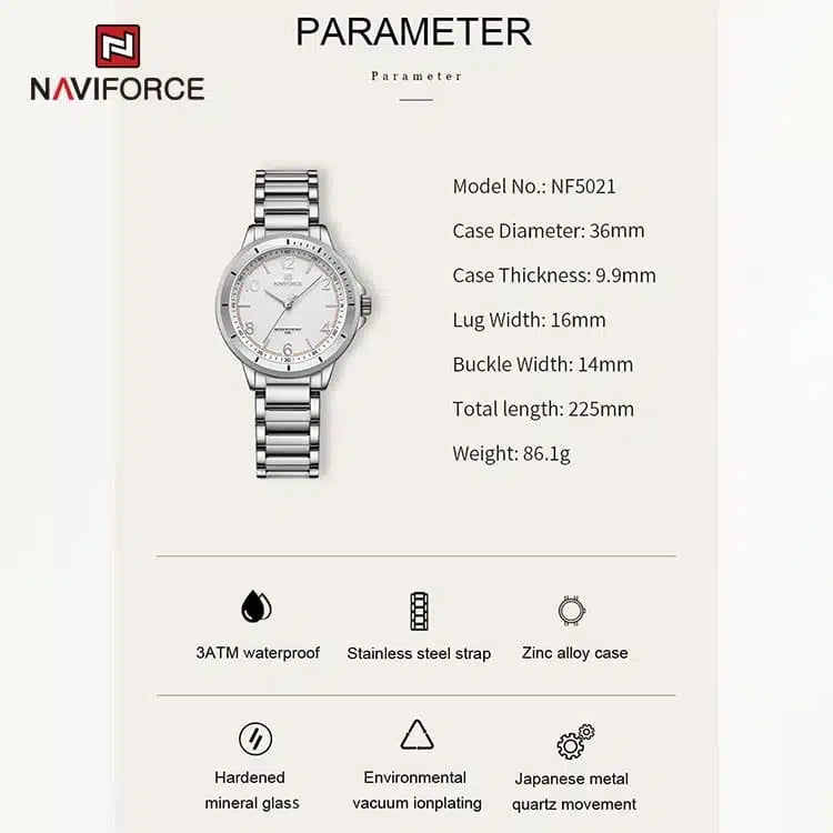 Naviforce - NF5021-SWS Wrist Watch For Women For Dream NF5021 With White Dial Metal Belt - Silver