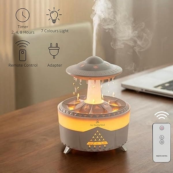 Rain Drop Mushroom Humidifier, Timing Colorful Night Light Essential Oil Diffuser, Ultrasonic RC Atomization Air Freshener, Relax Cloud Rain Diffuser, Airwall Air Humidifier, 300ml Humidifier with Timing Function for Home Office