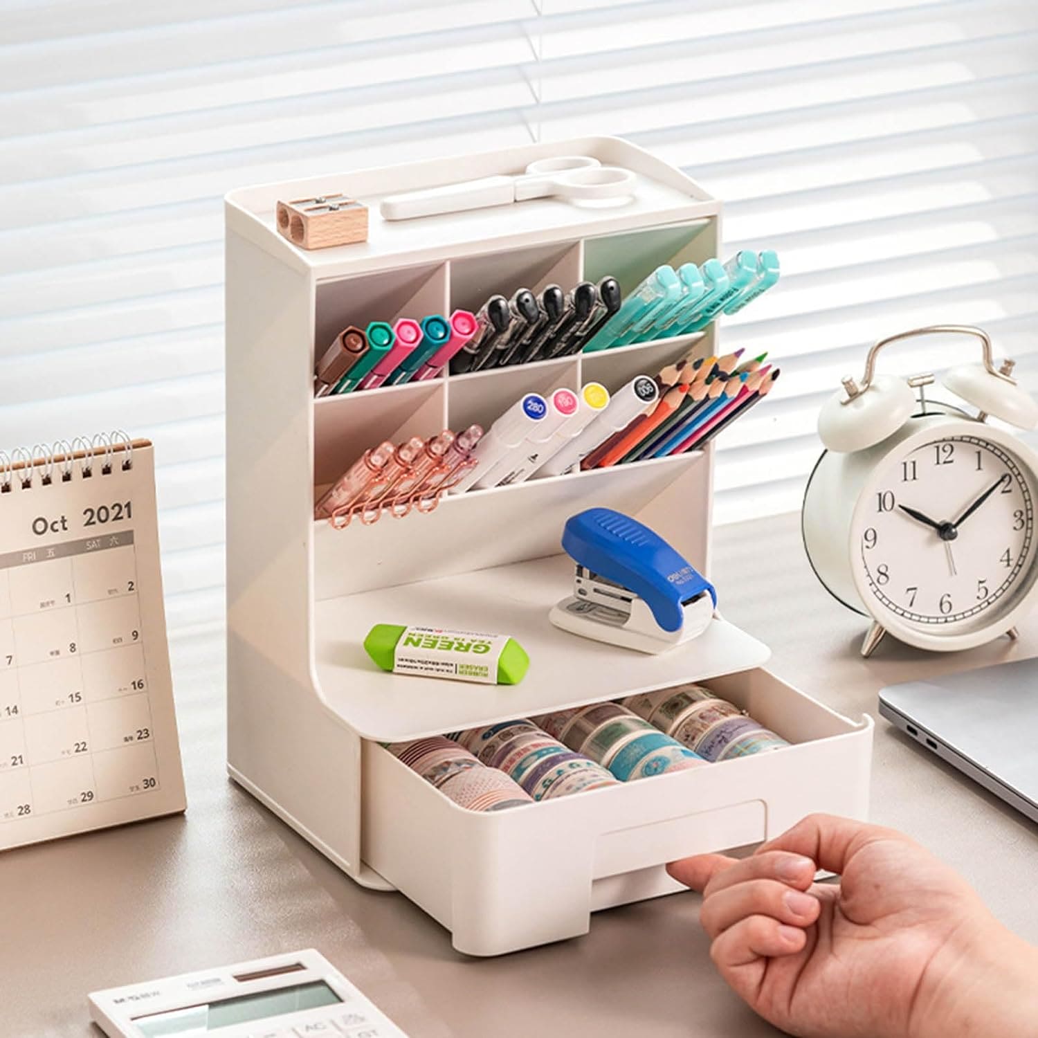 Slop Desktop Storage Box With Drawer, Classify Drawer Type Storage Box, 6 Compartment Multipurpose Organizer With Drawer, Rounded Corners Desk Stationary Organizer, Office School Inclines Desk Pen Organizer