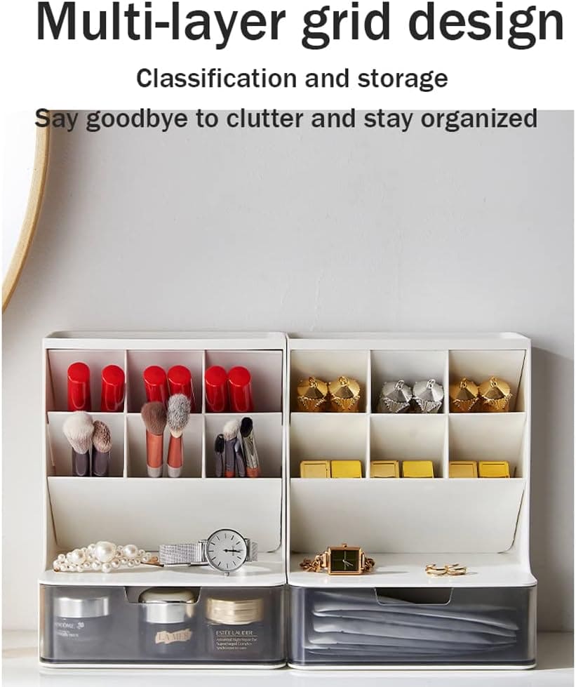 Slop Desktop Storage Box With Drawer, Classify Drawer Type Storage Box, 6 Compartment Multipurpose Organizer With Drawer, Rounded Corners Desk Stationary Organizer, Office School Inclines Desk Pen Organizer