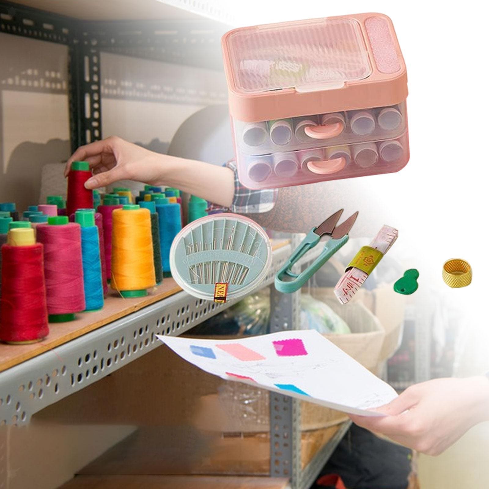 2 Layer Drawer Sewing Box, Portable Sewing Box With Sewing Accessories, Clothes Mending Essential, Basic Sewing Kit Accessory, Travel Small Sewing Kit, Home & Travelling Sewing Accessories