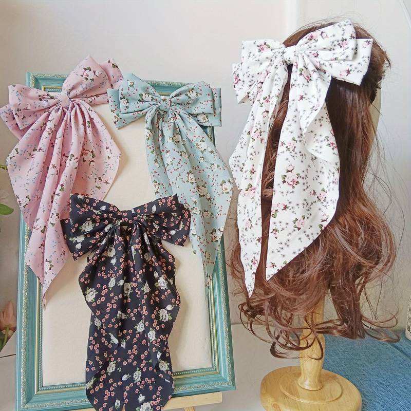 Bow Hair Clip, Scarf Bow Hair French, Elegant Long Tail Hair Barrettes, Non Slip Hair Decorations For Women Girls, Fresh Floral Hairpin, Bowknot Hair Duckbill Clip Accessories