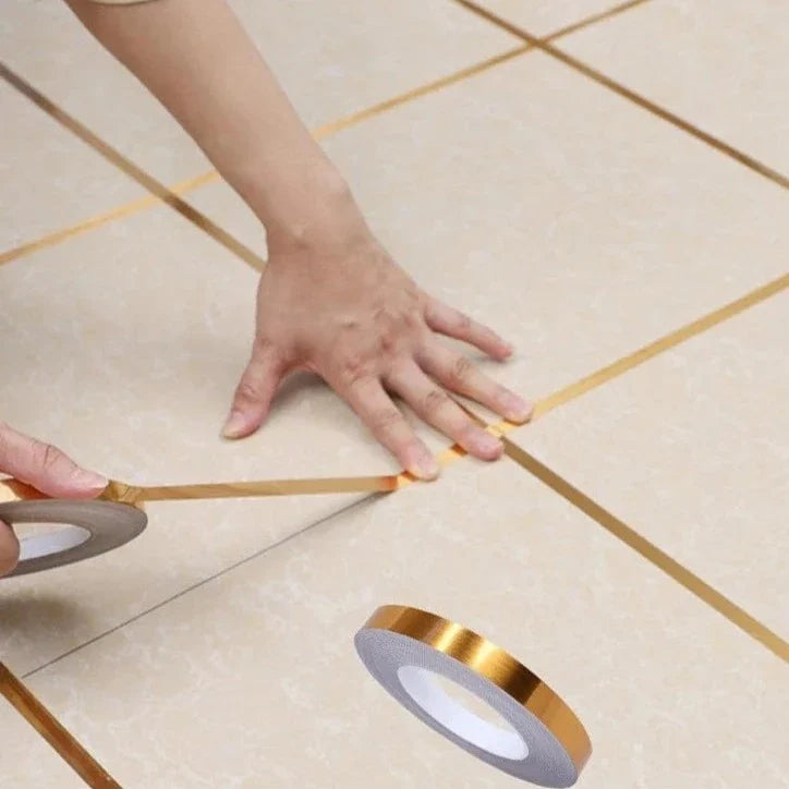 Metallic Floor Sealing Sticker, Tile Tape Sticker, Self Adhesive Sealing Foil Strips, Background Wall Home Decoration Caulk Tape,  Waterproof Seam Wall Stickers, Decoration Tape For Home Floor Tiles, Wall Decor, Gold Foil Self Adhesive Tile Stickers Tape