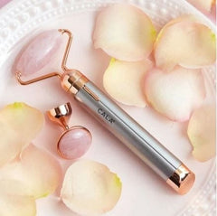 New 2 In 1 Flawless Contour, Flawless Jade Roller, Micro Vibrating Facial Roller And Massager, Automatic Facial Vibrate Face Massager, Electric Pink Rose Quartz Facial Massager, Vibrating Face Body Massage Tool, Skin Care Lift Tightening Women Beauty Bar