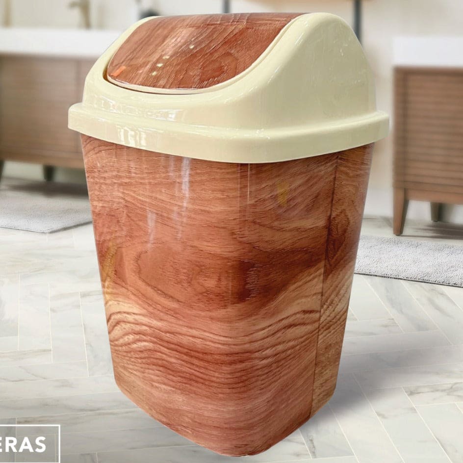 Wooden Pattern Trash Bin, Office Bathroom Kitchen Flip Trash Bin, Plastic Living Room Bedroom Garbage Box